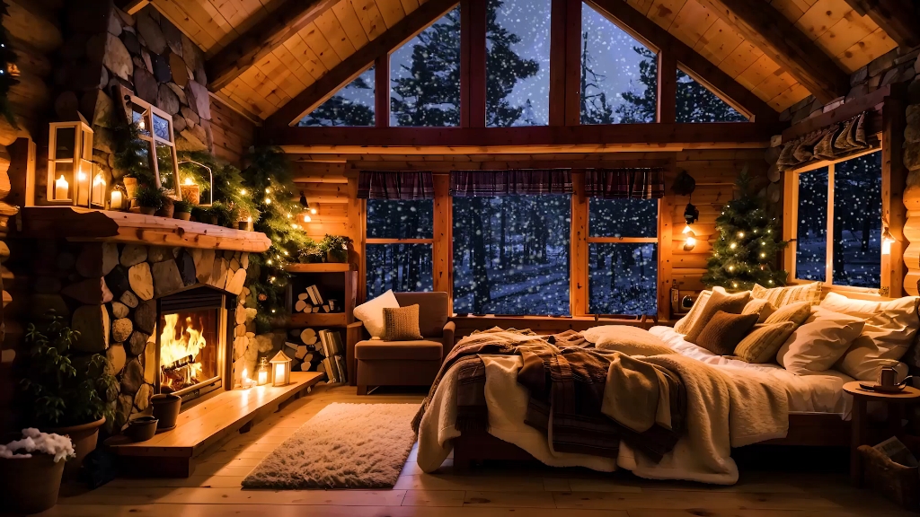 冬季舒适的木屋氛围伴着温暖的壁炉燃烧声入睡放松雪白噪音asmr