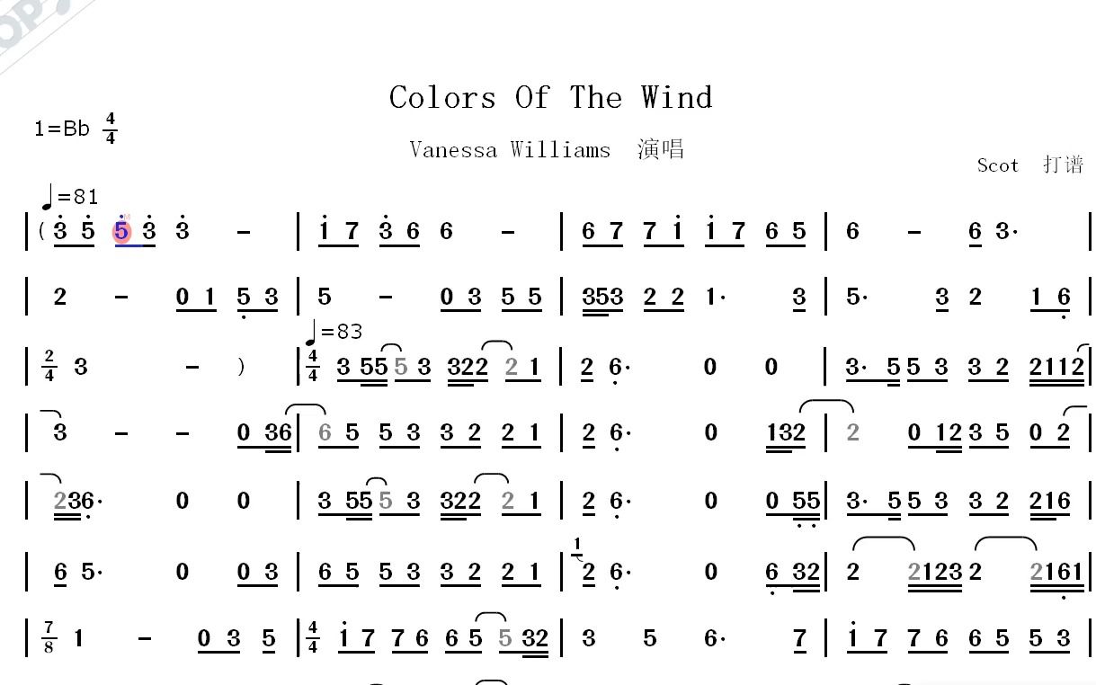 [图]动画片《风中奇缘》插曲--Colors Of The Wind--Vanessa Williams演唱--动态简谱