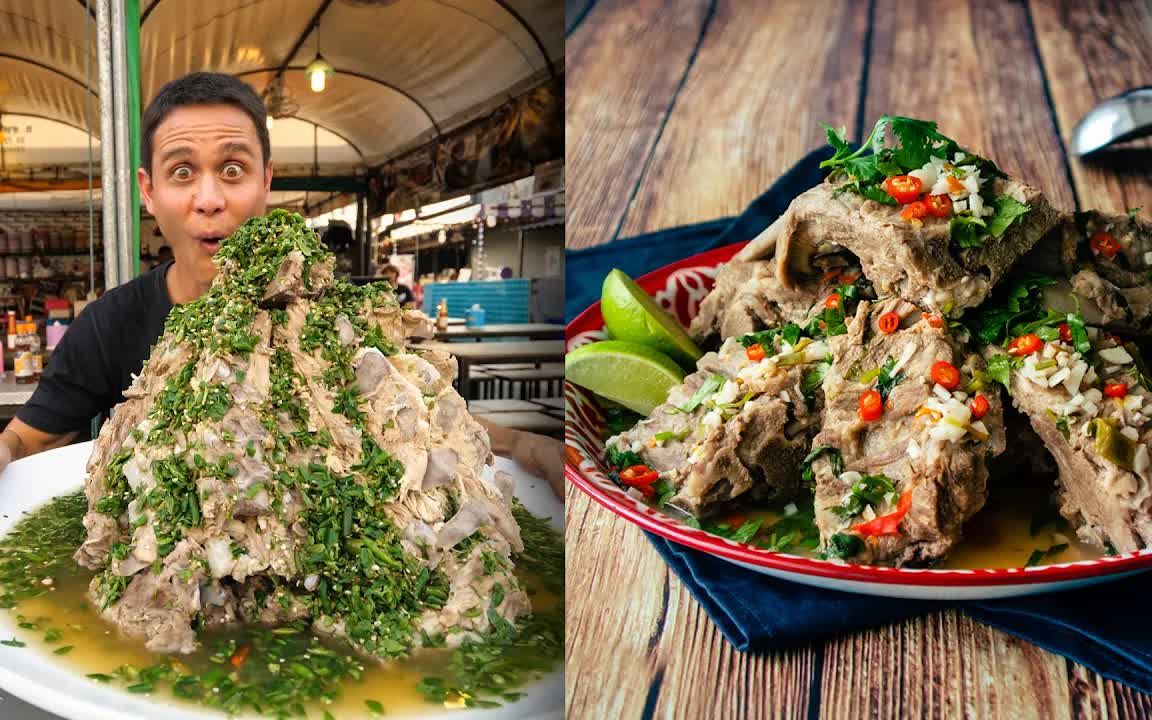 泰国夜市网红菜火山排骨用猪骨堆成的大山节日聚会必做的菜pailins