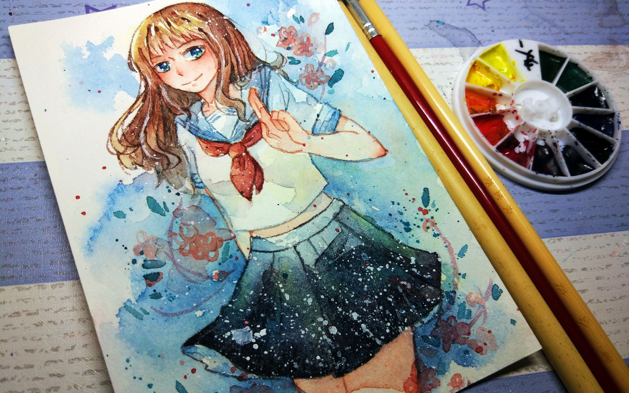 【暄 手绘】原创可爱的妹子水彩手绘上色过程(*ω)
