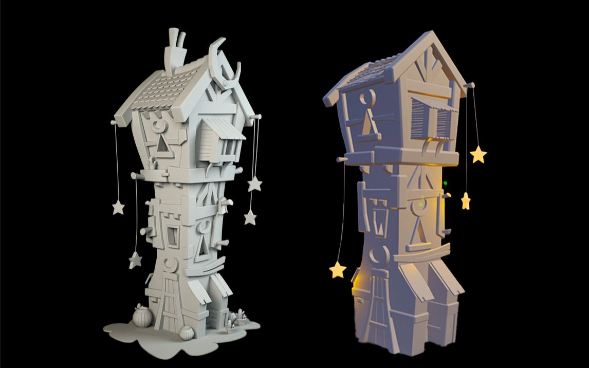 【maya场景建模】梦幻小屋3d场景制作教程,次世代场景模型渲染教学