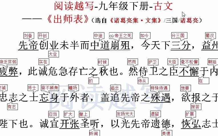 [图]九年级下册阅读，必背古文，诸葛亮写给刘禅的《出师表》