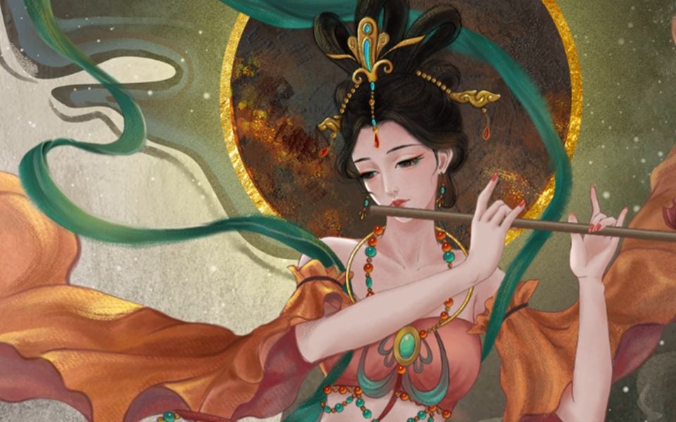 【电脑绘画过程】飞天舞-笛【板绘】仿制壁画|上色过程|敦煌飞天|十