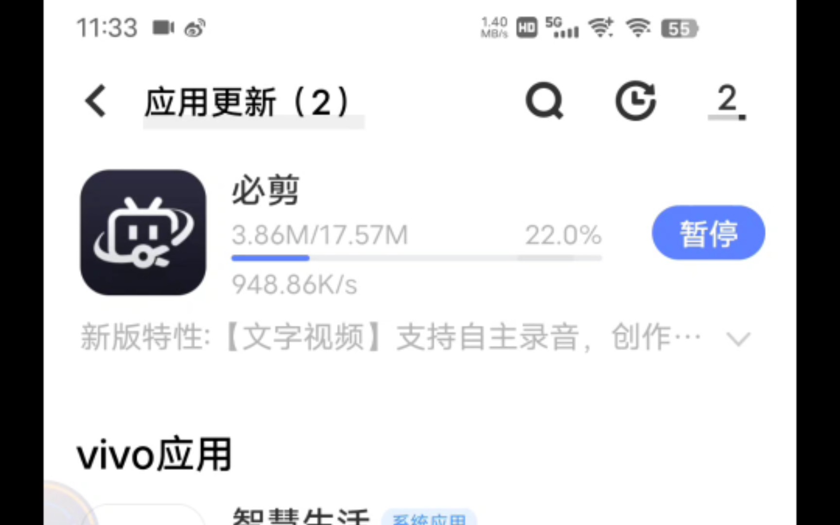 vivo应用商店APP更新WIFI看了下是5G清除了智能秒装后好像慢了哔哩哔哩bilibili