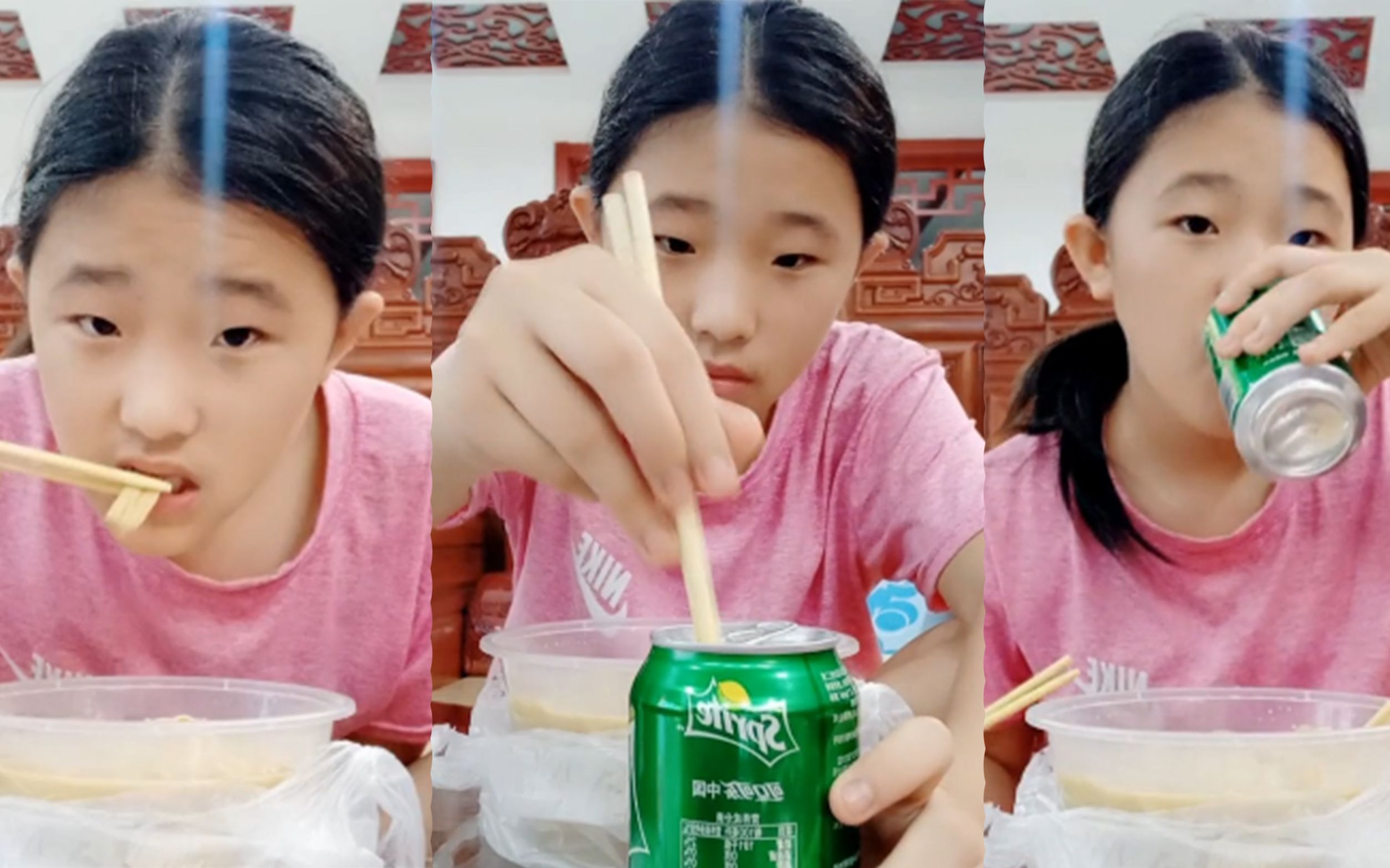 小女孩品尝麻辣烫!坐姿神奇 筷子插进饮料罐吃法独特