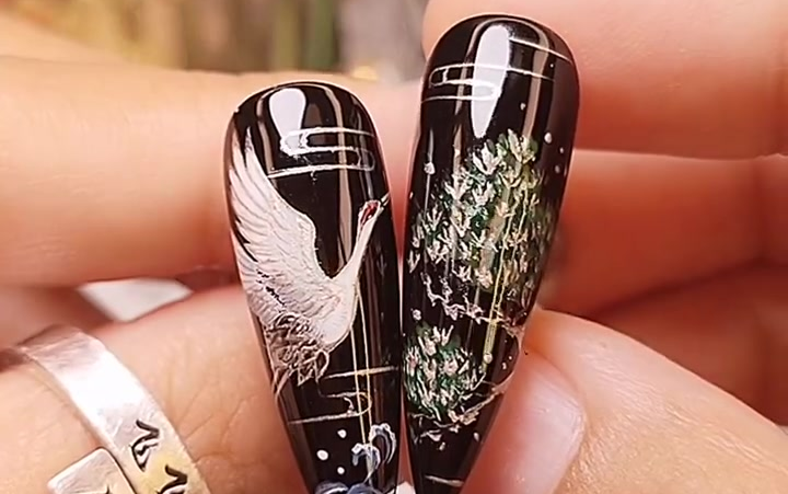 原创古风美甲设计仙鹤款