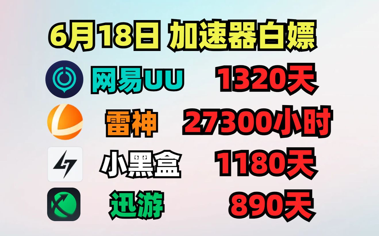 UU加速器6月18日免费白嫖1320天,雷神27300小时!迅游890天!小黑盒/NN/炽焰/ 天卡!周卡!月卡! 人手一份!哔哩哔哩bilibili