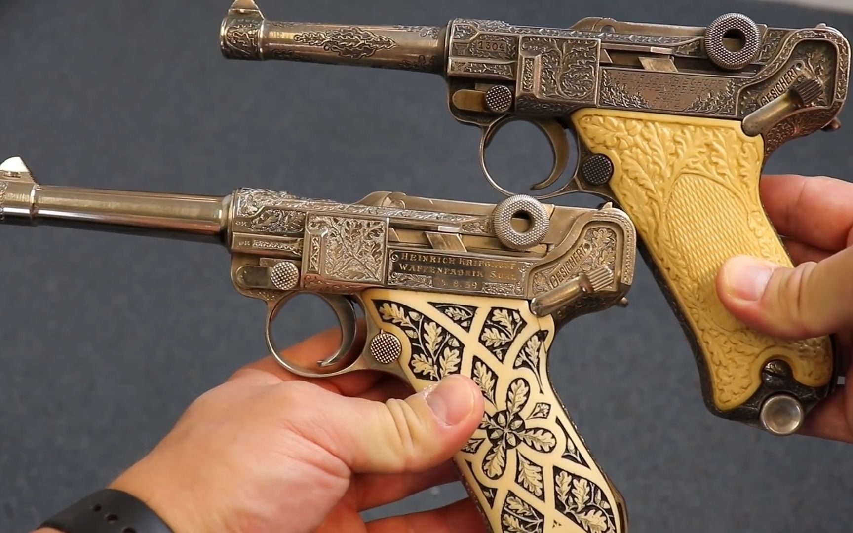 legacycollectibles超罕见两把镀金银雕花鲁格p08鉴赏两把枪都为