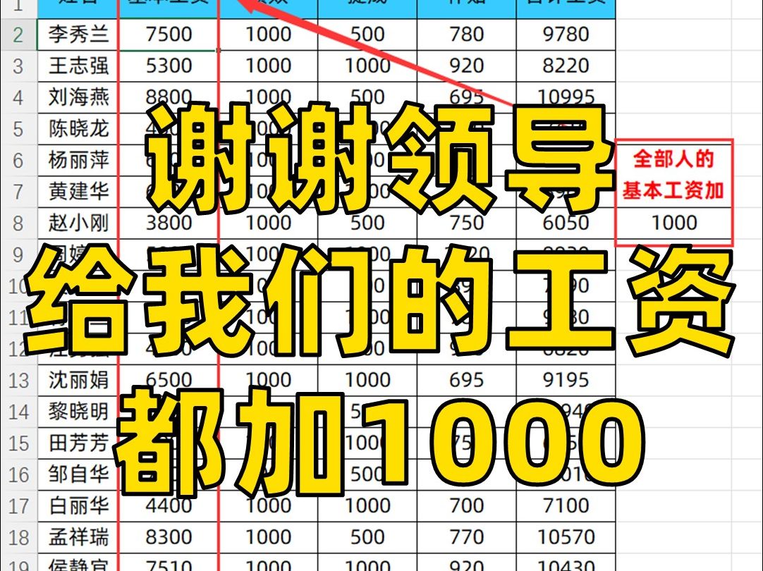 Excel批量将工资加1000,原来这么简单‼️哔哩哔哩bilibili