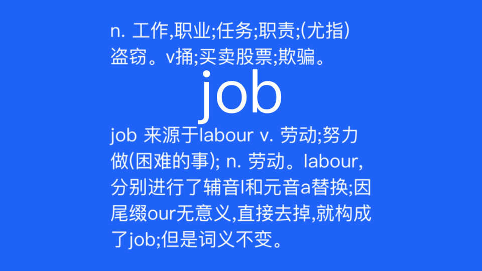 job n. 工作,职业;零工;任务;职责;罪行;东西;费力的事;幸运的事.v.捅,刺;买卖股票;欺骗,出卖;假公济私,营私舞弊.哔哩哔哩bilibili