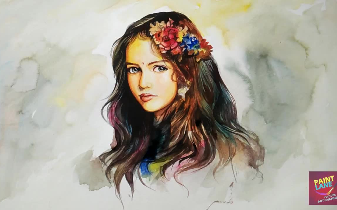 水彩人物一个美丽女孩的水彩画像