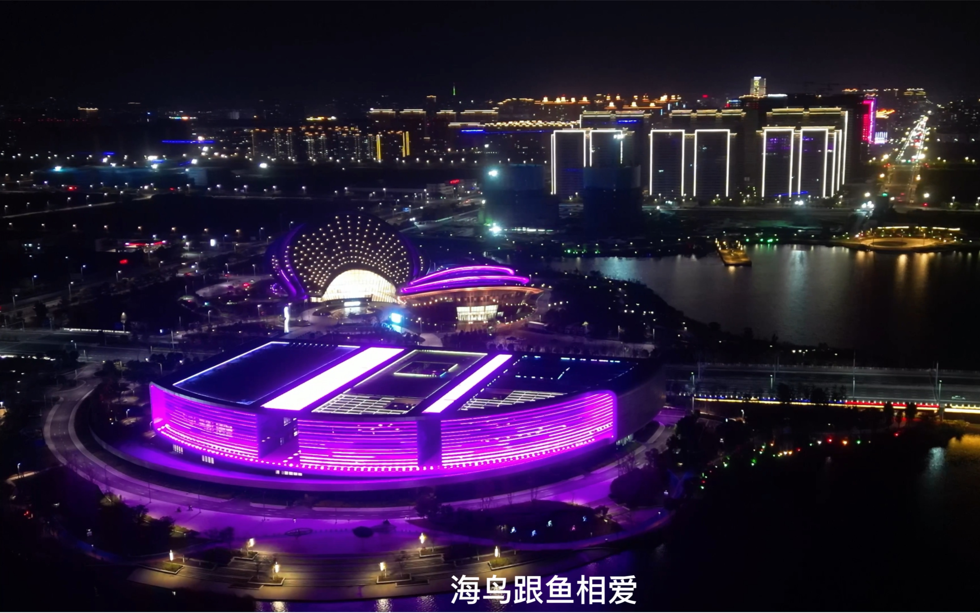 航拍启东蝶湖公园美丽夜景