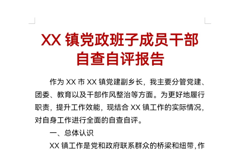 XX镇党政班子成员干部自查自评报告哔哩哔哩bilibili