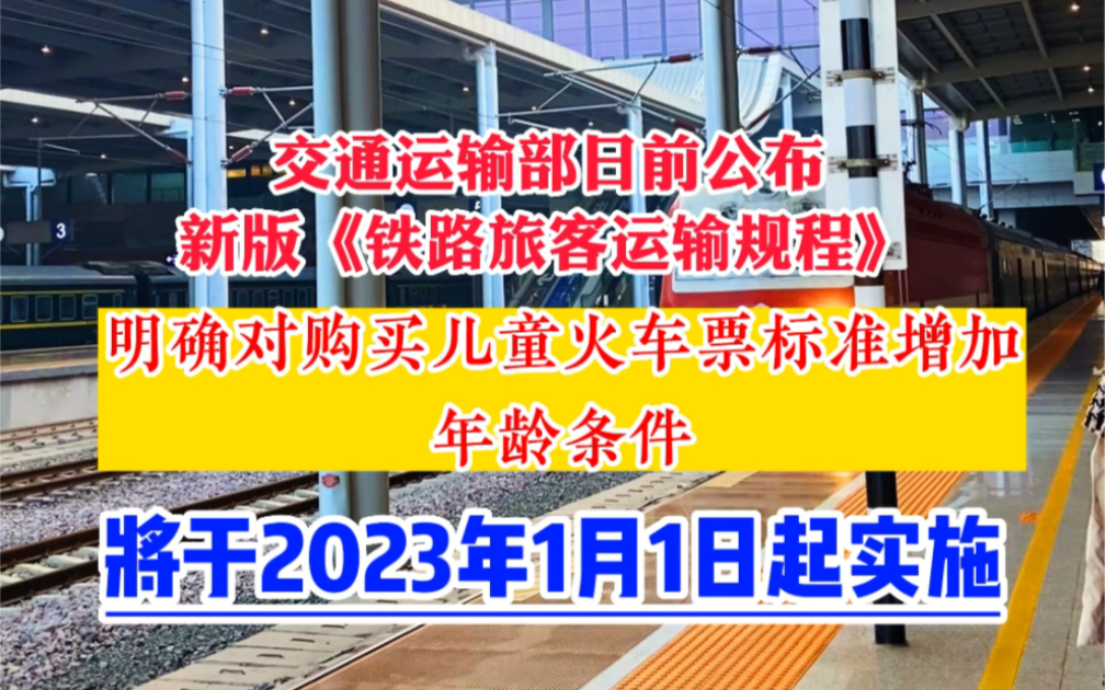 交通运输部日前公布新版《铁路旅客运输规程》明确对购买儿童火车票标准增加年龄条件,将于2023年1月1日起实施.哔哩哔哩bilibili