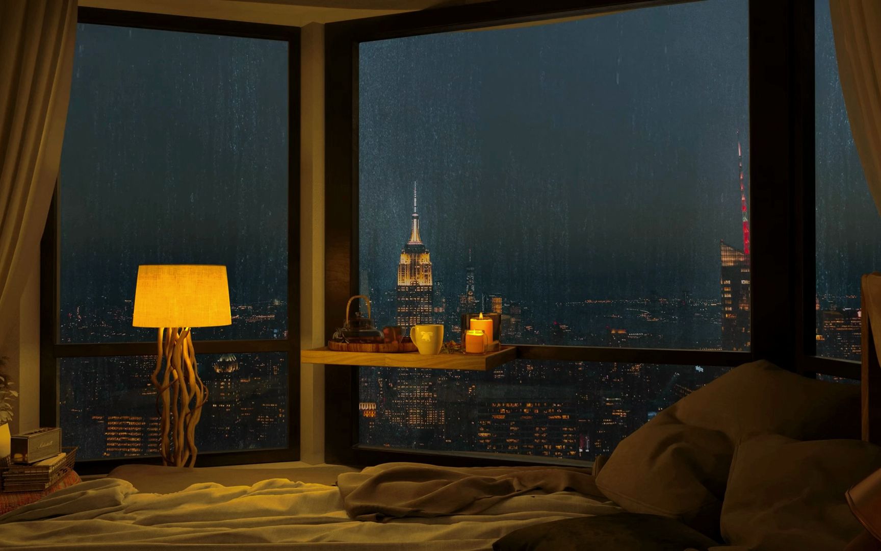 在温馨舒适的卧室,听雨落在窗边的声音,放松身心,适合睡眠,学习,专注