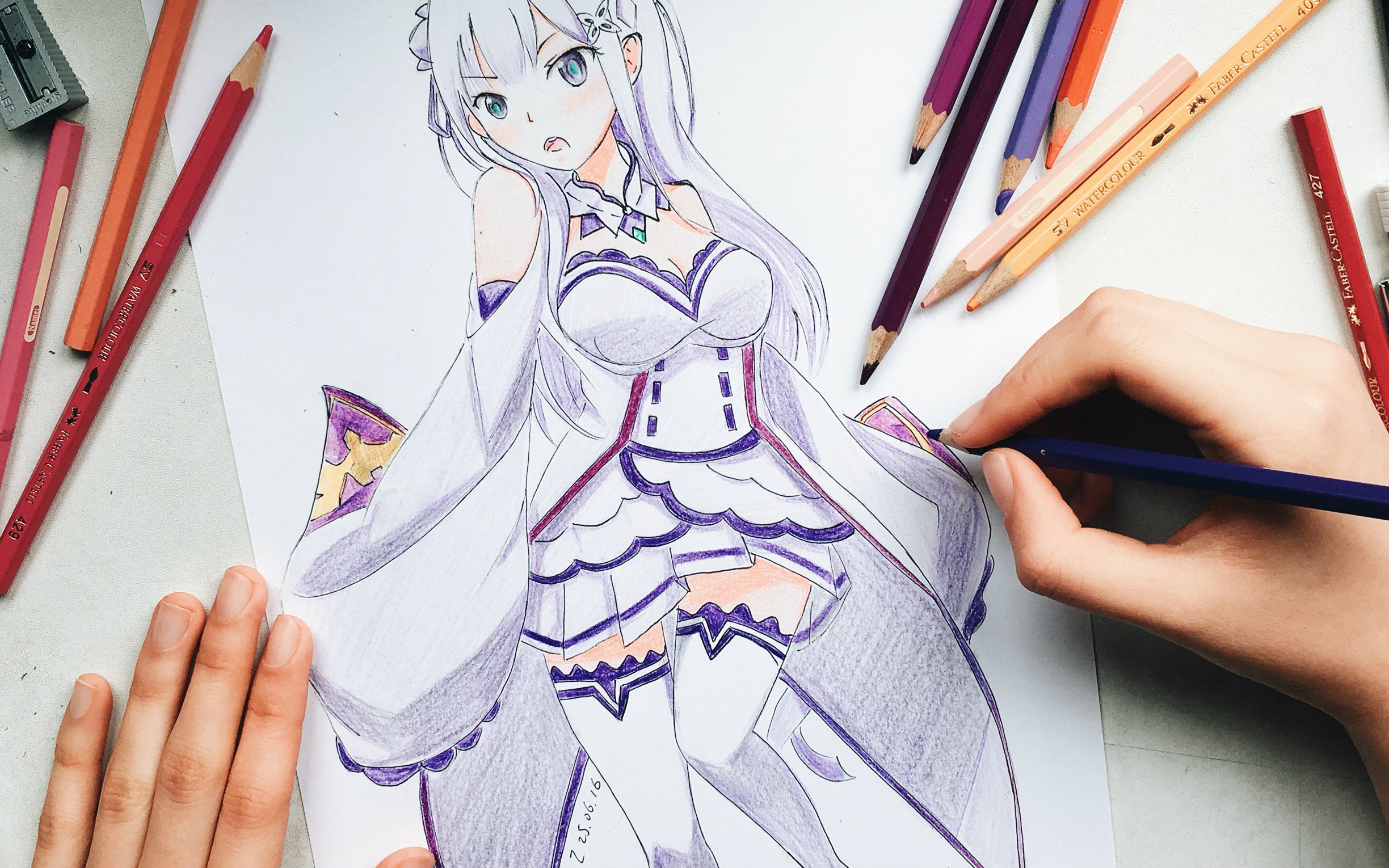 【渣绘】彩铅临摹艾米莉亚(线稿 上色)_哔哩哔哩 (゜-゜)つロ 干杯