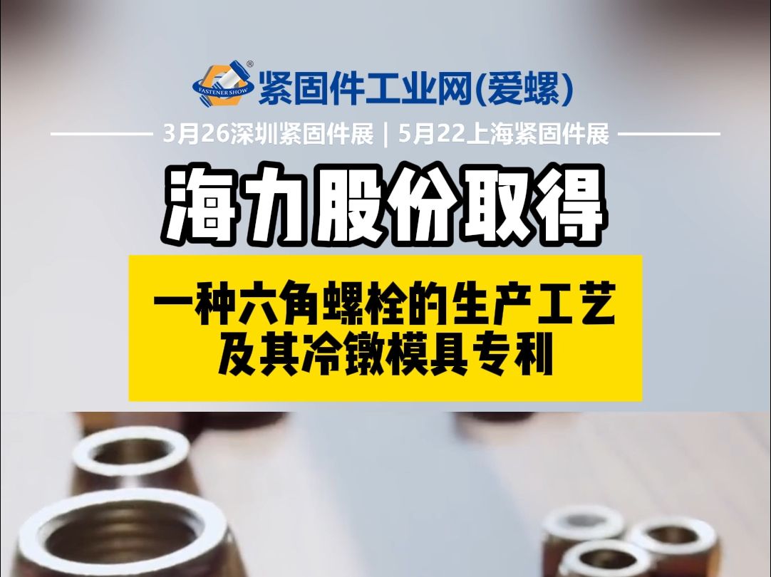 报!海力股份取得一种六角螺栓的生产工艺及其冷镦模具专利哔哩哔哩bilibili