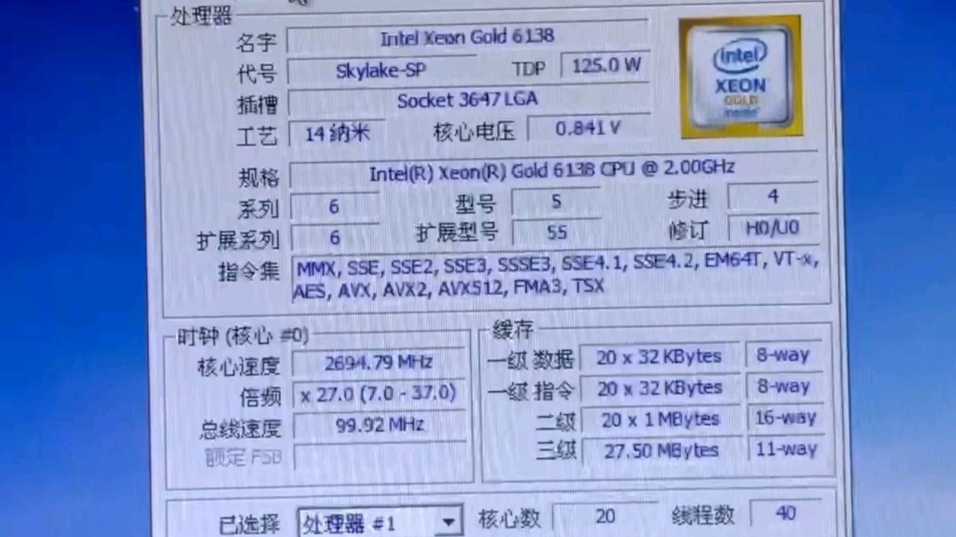 INTEL XEON GOLD 6138处理器默频状态下性能参数和CPUZ测试得分.感谢粉丝"horewop"提供测试视频!哔哩哔哩bilibili