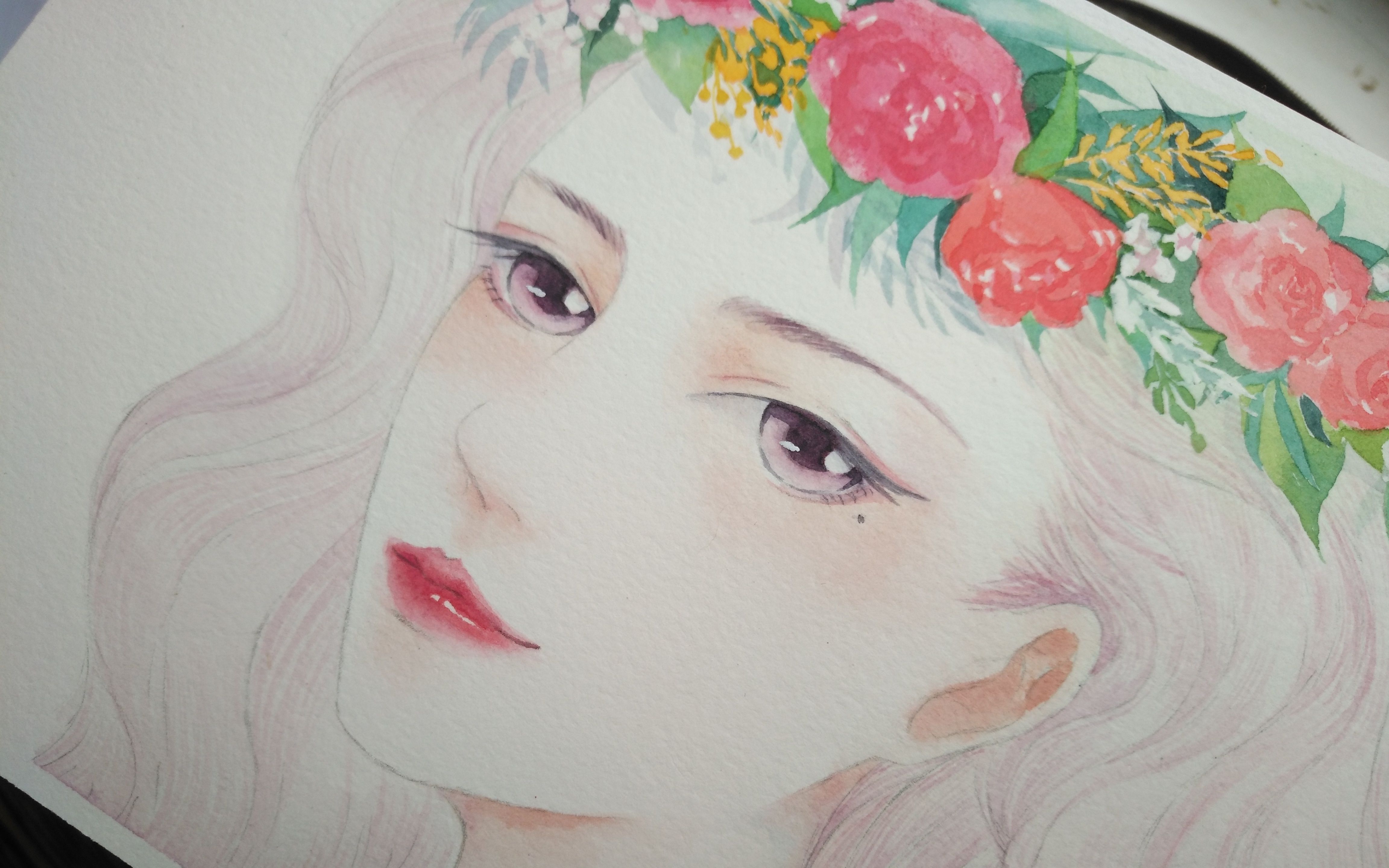 【手绘水彩】戴花环的小姐姐水彩绘画视频