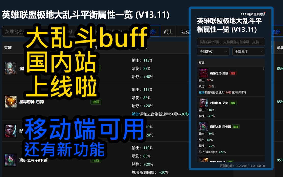 大乱斗英雄buff快速查询网站国内站点上线啦!移动端已适配,持续更新哦哔哩哔哩bilibili英雄联盟