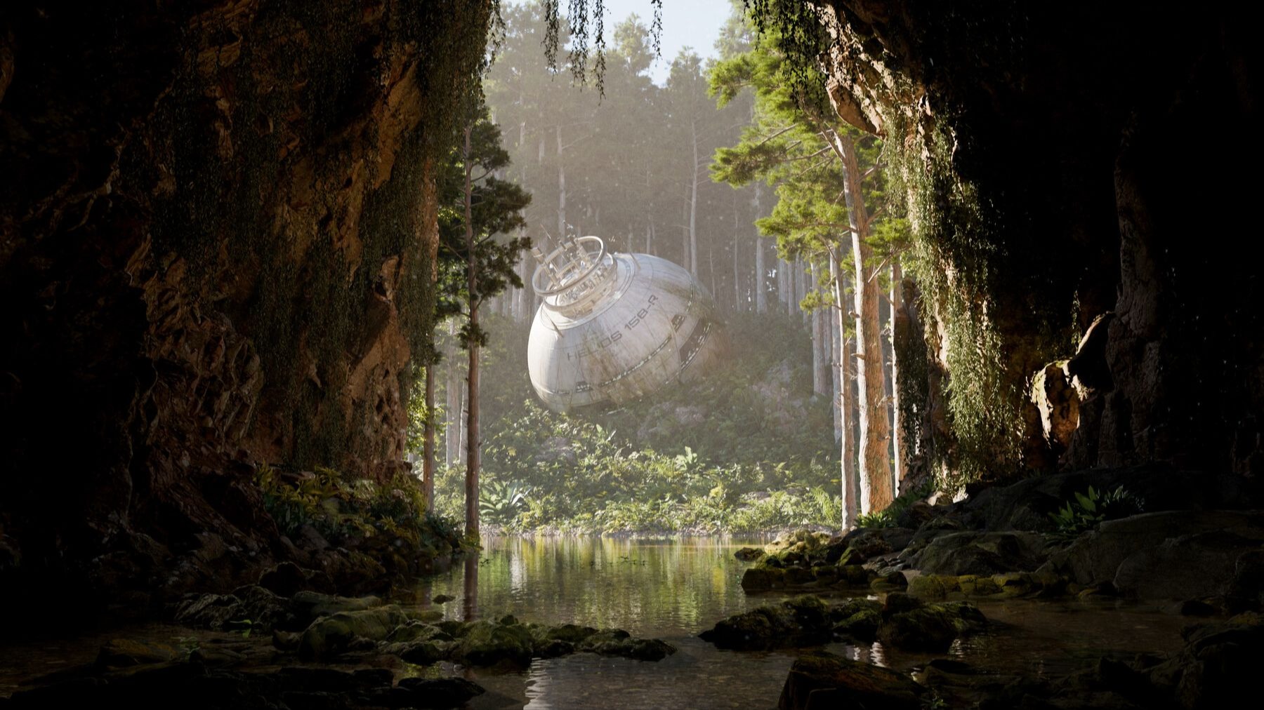 blender科幻外星森林洞穴环境3d场景河流树木设施遗迹带基础材质