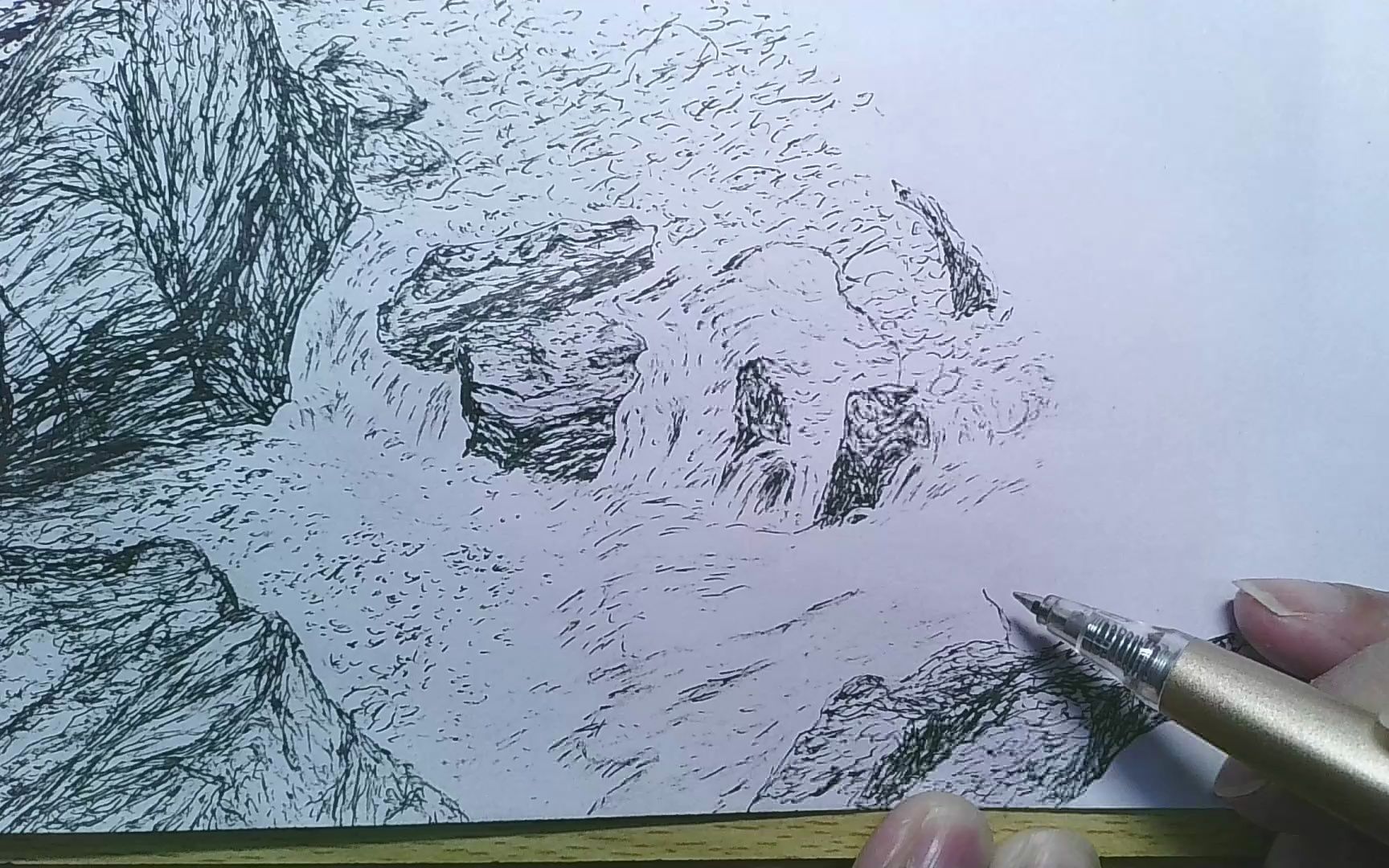 硬笔山水画之《春满清溪》