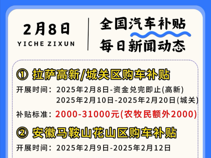 大家好,拉萨高新区和城关区、安徽马鞍山花山区、四川眉山仁寿县购车补贴来袭!哔哩哔哩bilibili