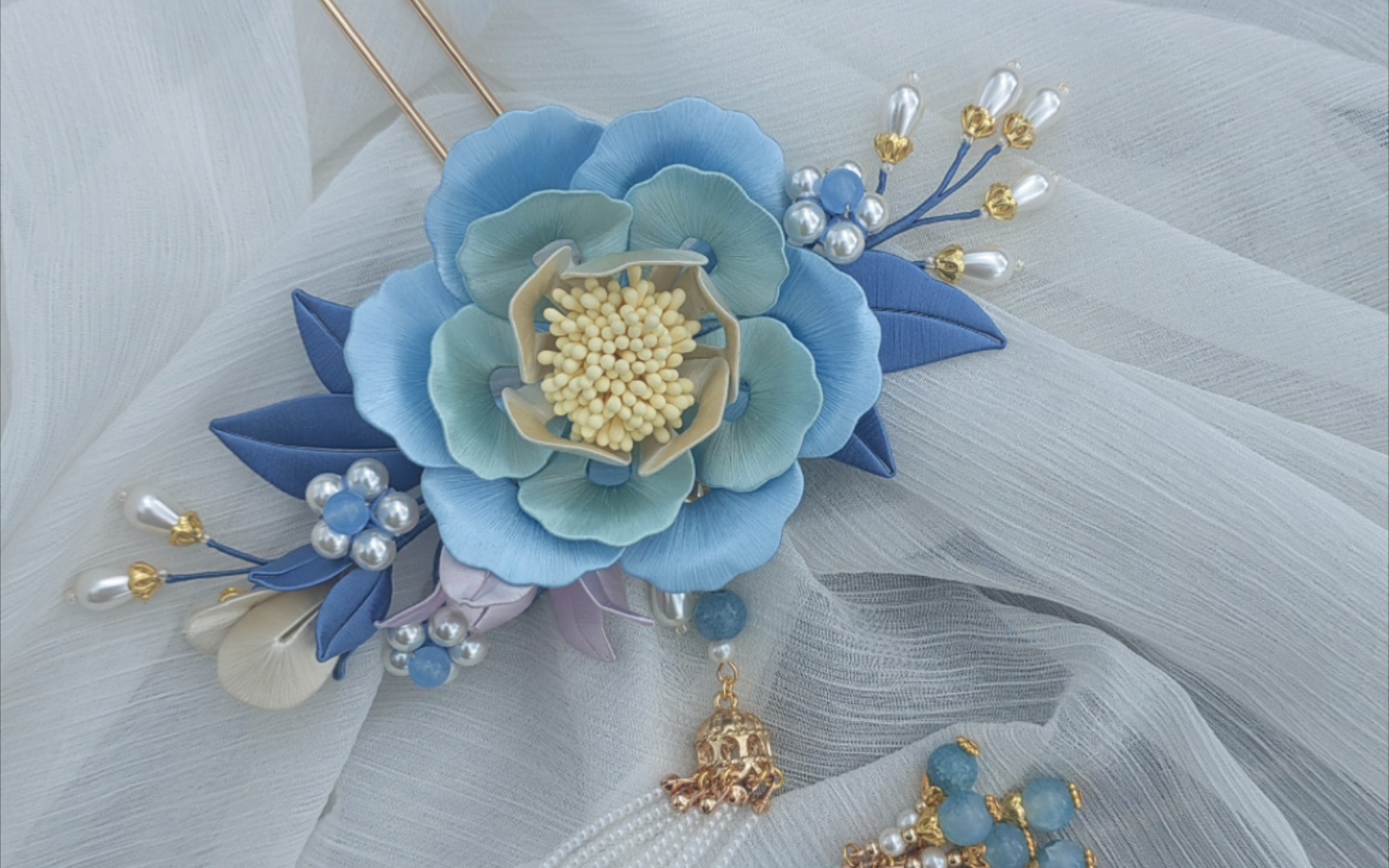 【衡玉】浅蓝色渐变芍药缠花制作过程