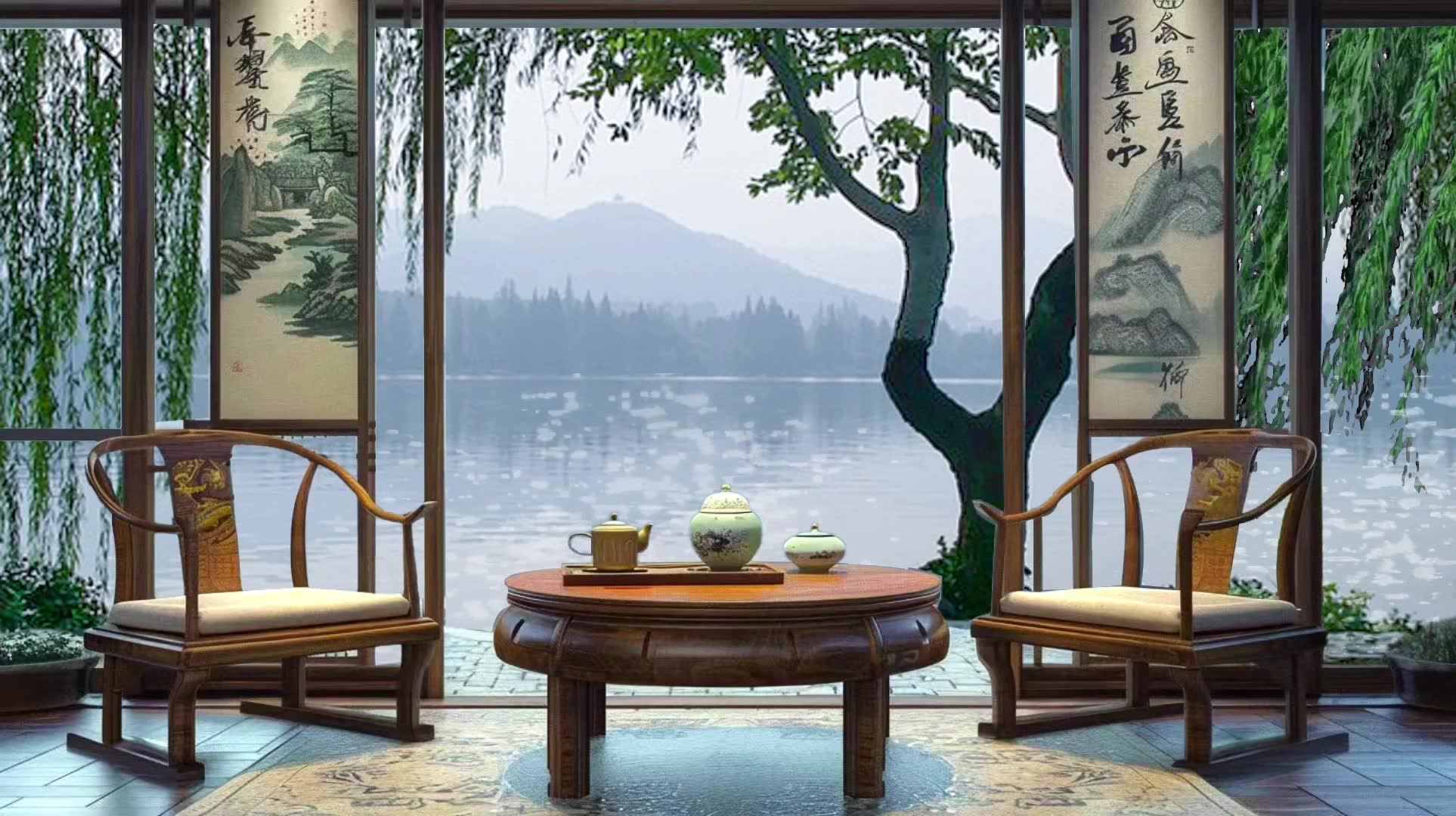 清晨在湖畔茶室,沏一壶茶,欣赏清晨的湖边美景.白噪音,鸟鸣声,风动的声音,治愈,放松,助眠哔哩哔哩bilibili