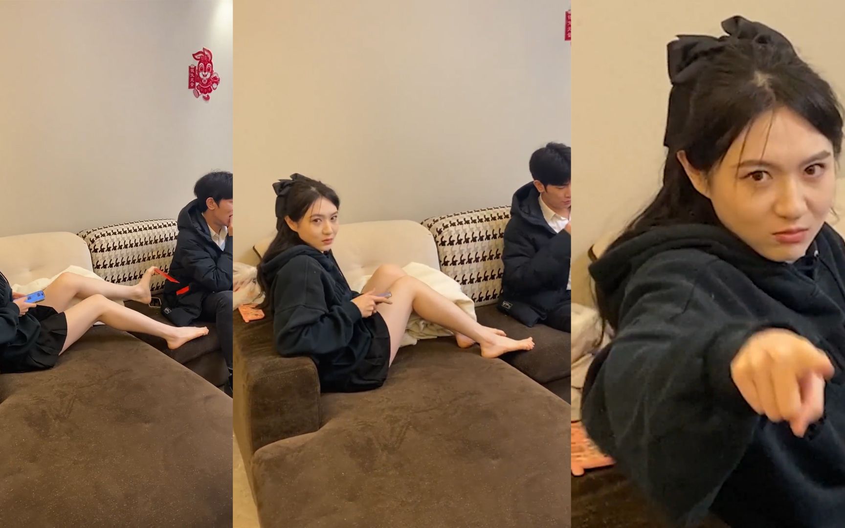 女生光腿半躺在沙发用脚靠近男子,动作灵活缓慢,下秒被同伴破防