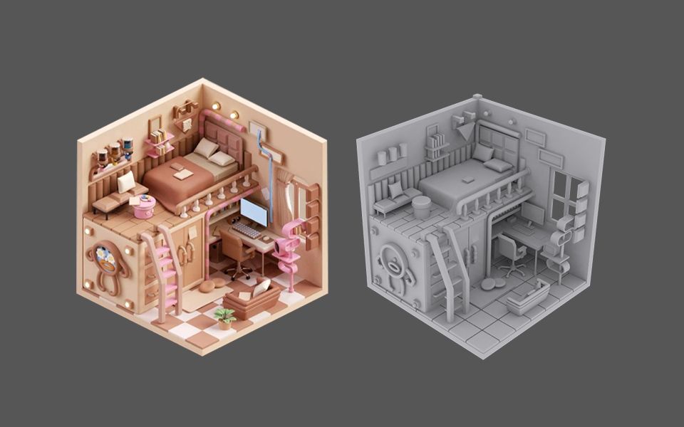 【3dmax场景建模】室内迷你场景(复式公寓)模型制作,新手也能学的场景