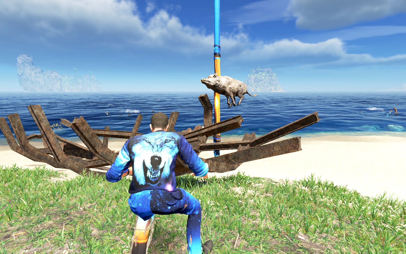 荒岛求生198:巨型石矛戳中野猪,没想到它还拼命顶我!