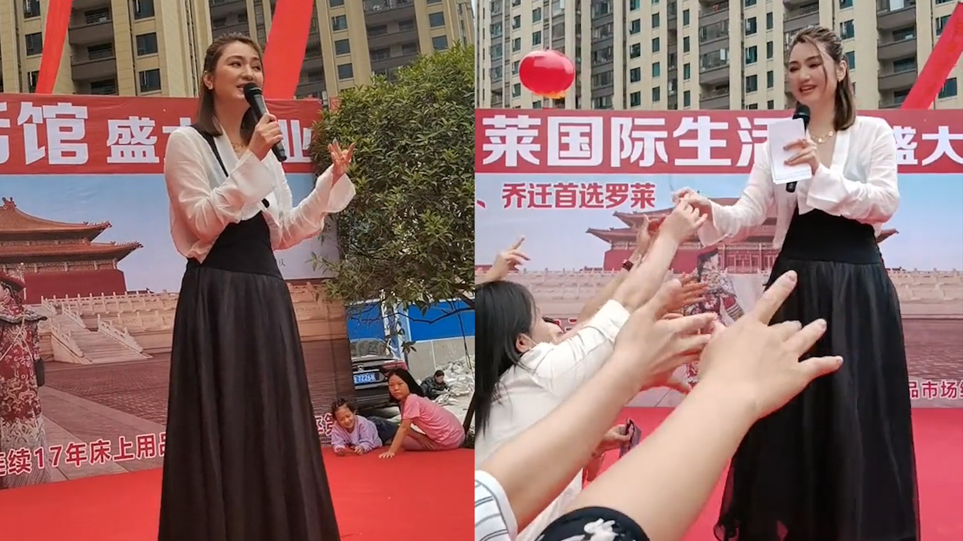 [图]50岁女港星县城商演，卖力唱歌频繁跑调破音，舞台简陋观众围一圈