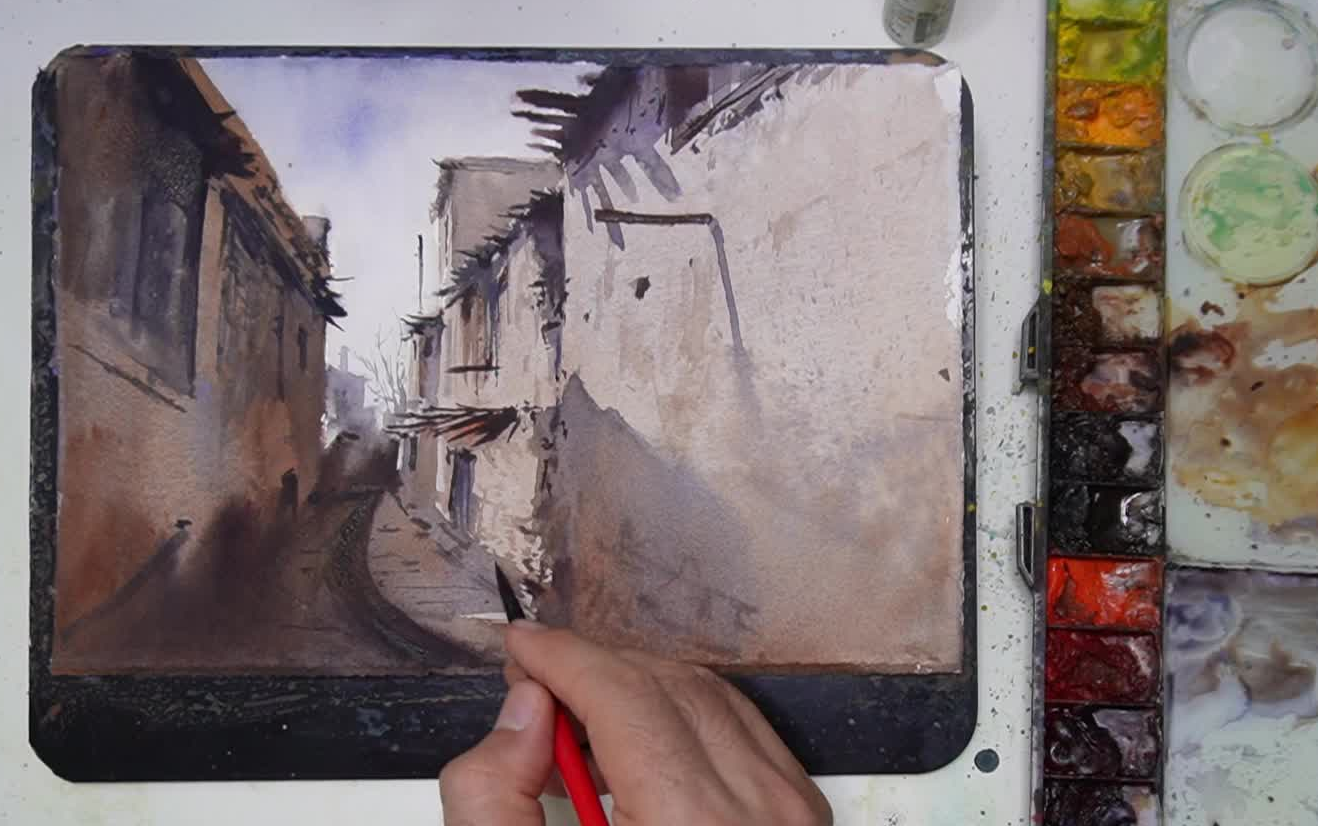 水彩画中的乡村小巷