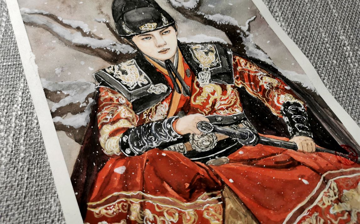 水彩过程陆绎回眸间一眼万年锦衣之下