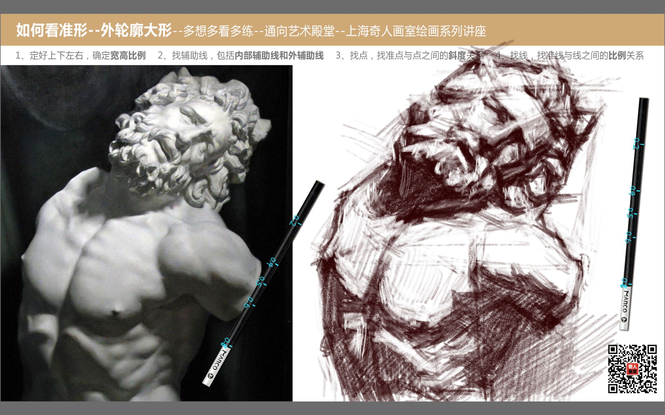[图]素描如何看准形--石膏像拉奥孔外轮廓大形--多想多看多练--通向艺术殿堂--上海奇人画室绘画系列讲座