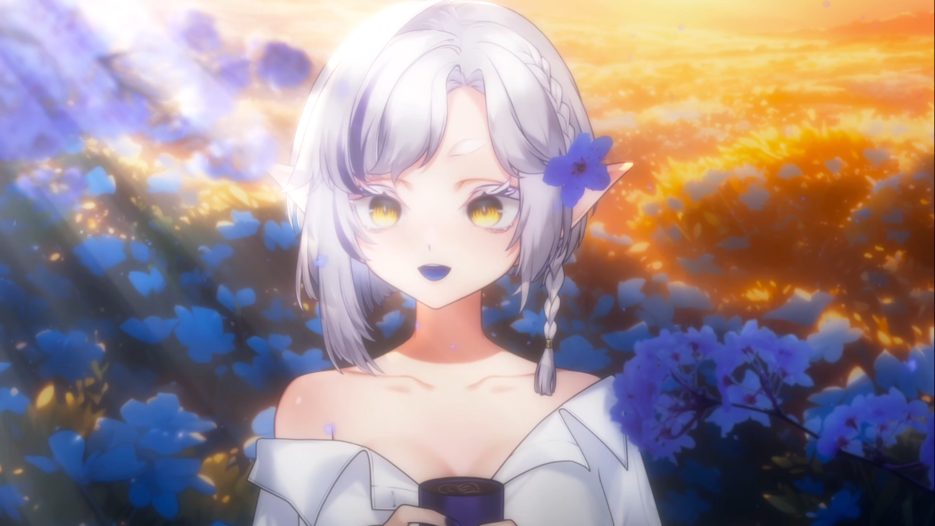 【壁纸自用】花田 白皮 短发 衬衫 阳光 倒放可循环