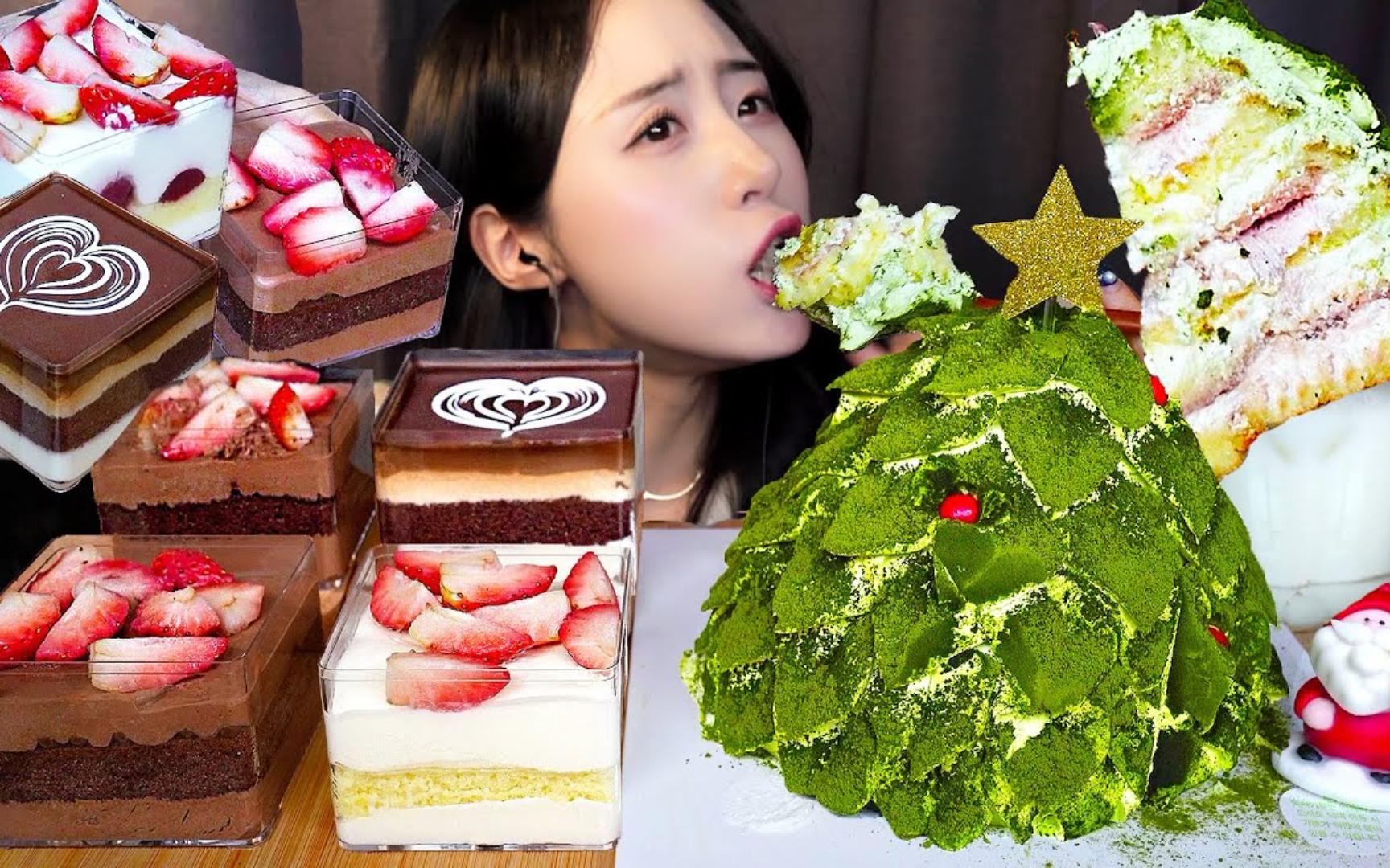 4K【cosymukbang】𐟌𒦠‘蛋糕、方形草莓巧克力奶油蛋糕、方形草莓牛奶奶油蛋糕、方形拿铁艺术蛋糕哔哩哔哩bilibili