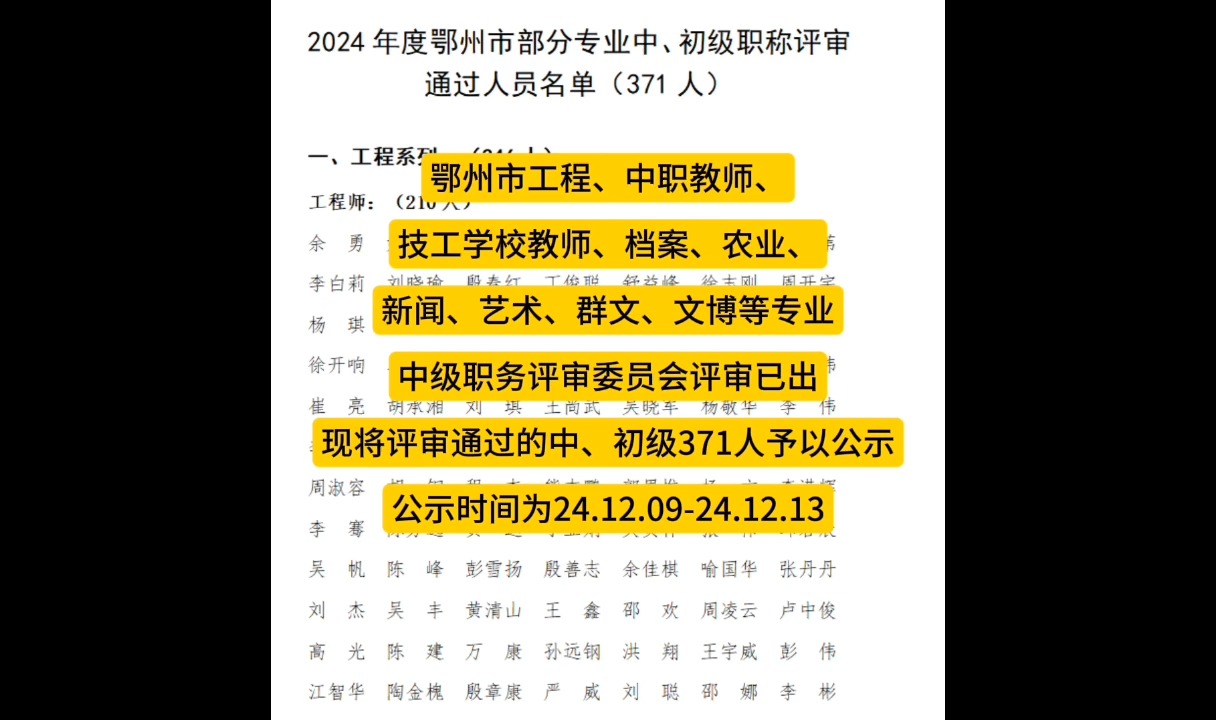 鄂州市工程、中职教师、技工学校教师、档案、农业、新闻、艺术、群文、文博等专业中级职务评审委员会评审结果已出哔哩哔哩bilibili