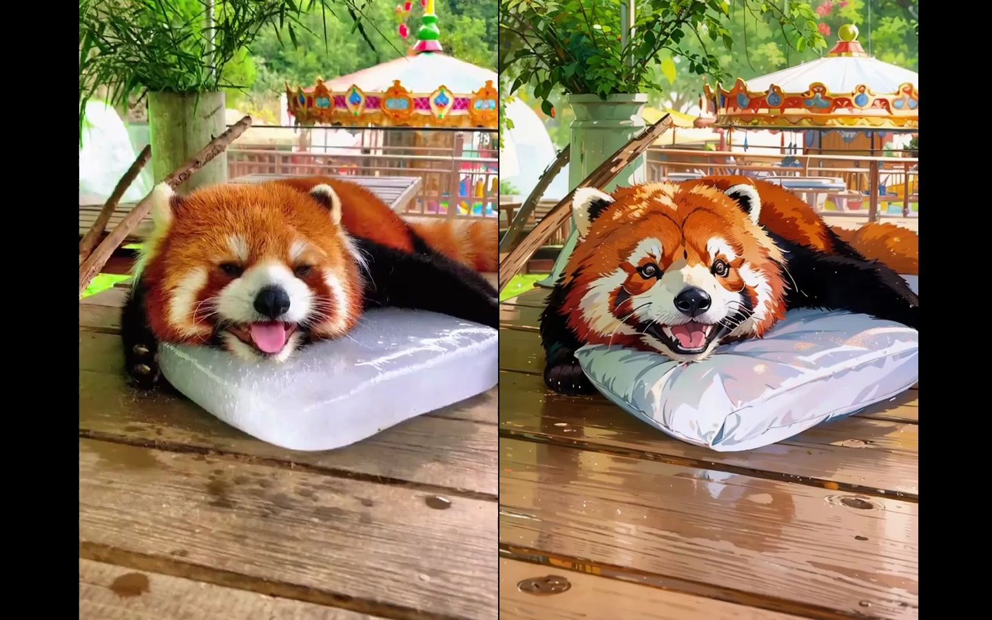 天气太热啦~可爱的红熊猫只能爬在冰块上舔了|redpanda