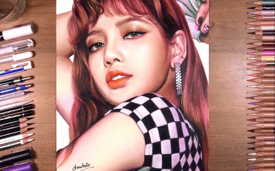 【blackpink】彩铅绘制lisa全过程by国外大神drawholic_哔哩哔哩 (゜