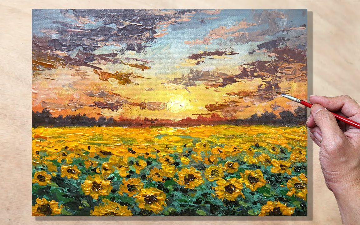 [图]【丙烯画】【绘画教程】【中字】向日葵花田-Acrylic Painting Sunflower Field Sunset