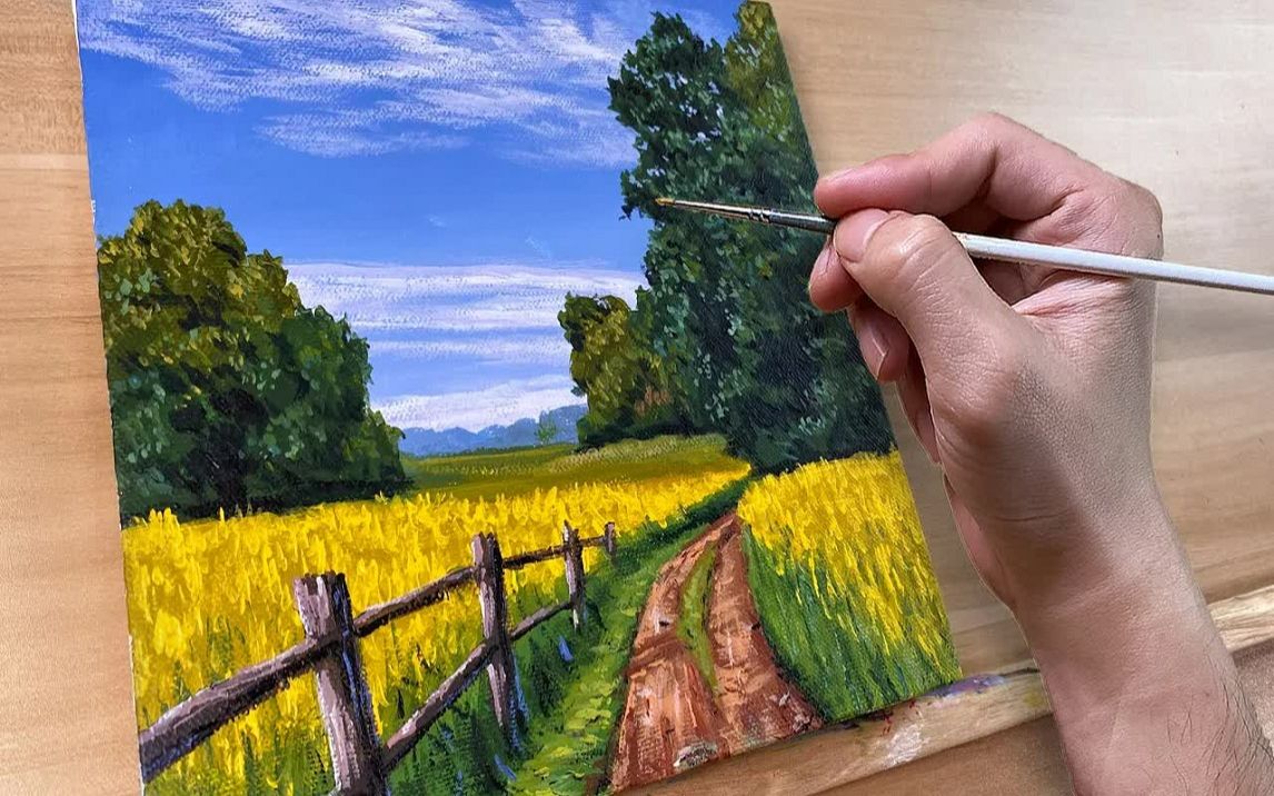 【丙烯画】【绘画教程】麦田Wheatfield Landscape Acrylic Painting哔哩哔哩bilibili