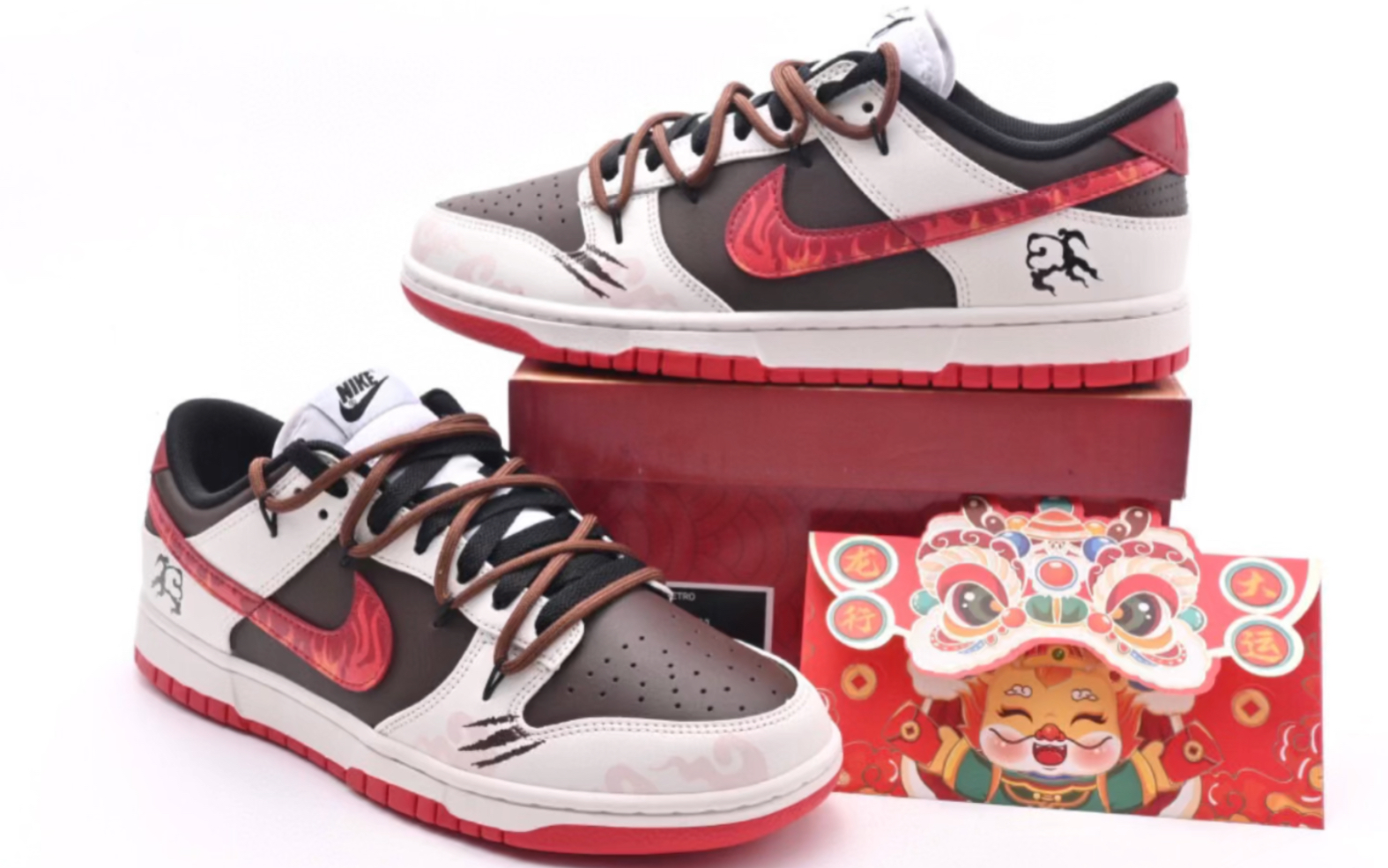 耐克 nike dunk low 龙年限定火焰云纹红棕绑带低帮板鞋fd9762-061
