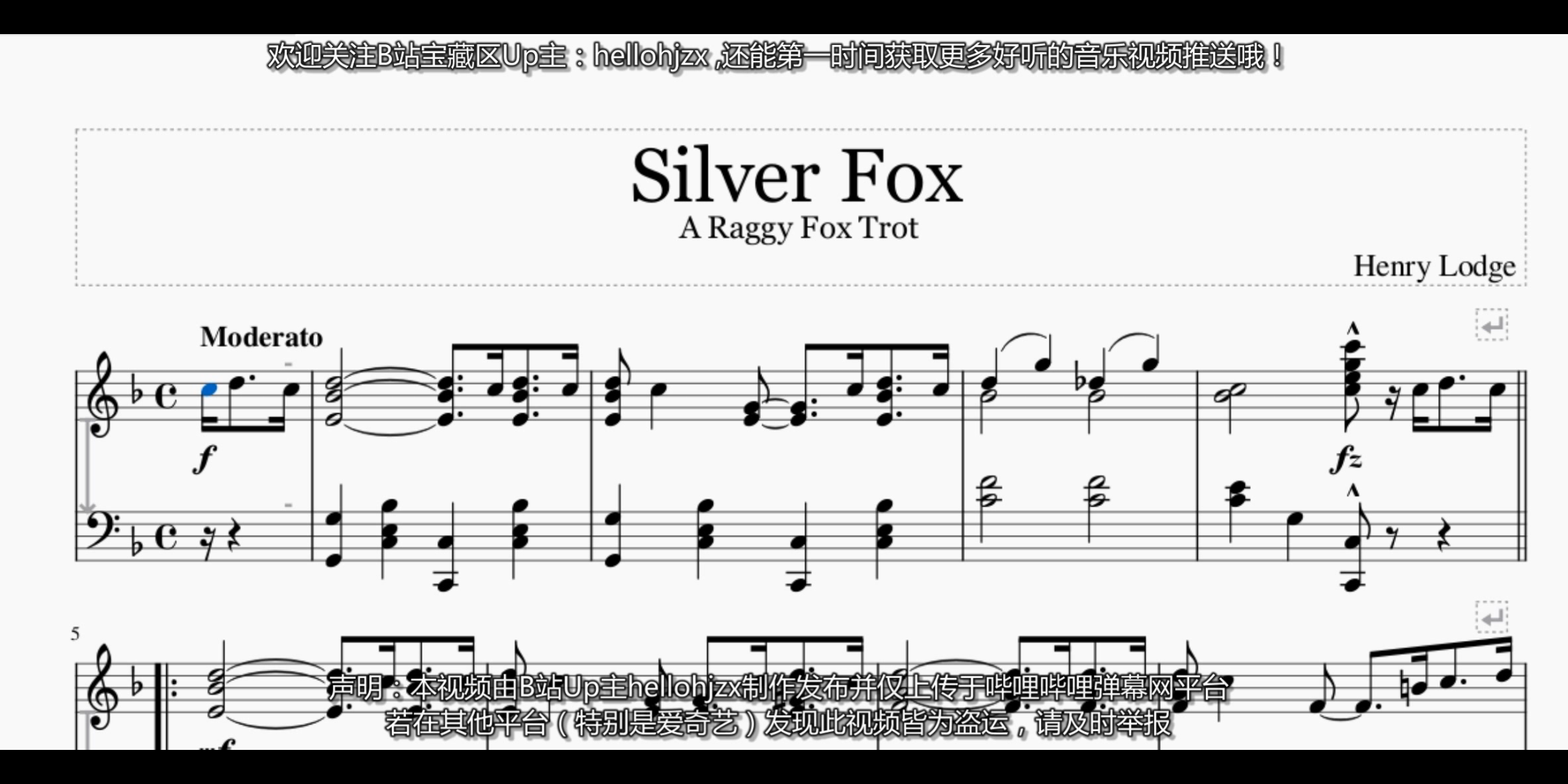 [图]【亨利·洛奇】《银色的狐狸》散拍狐步舞曲-Thomas Henry Lodge：Silver Fox-A Raggy Fox Trot（1915年发表）