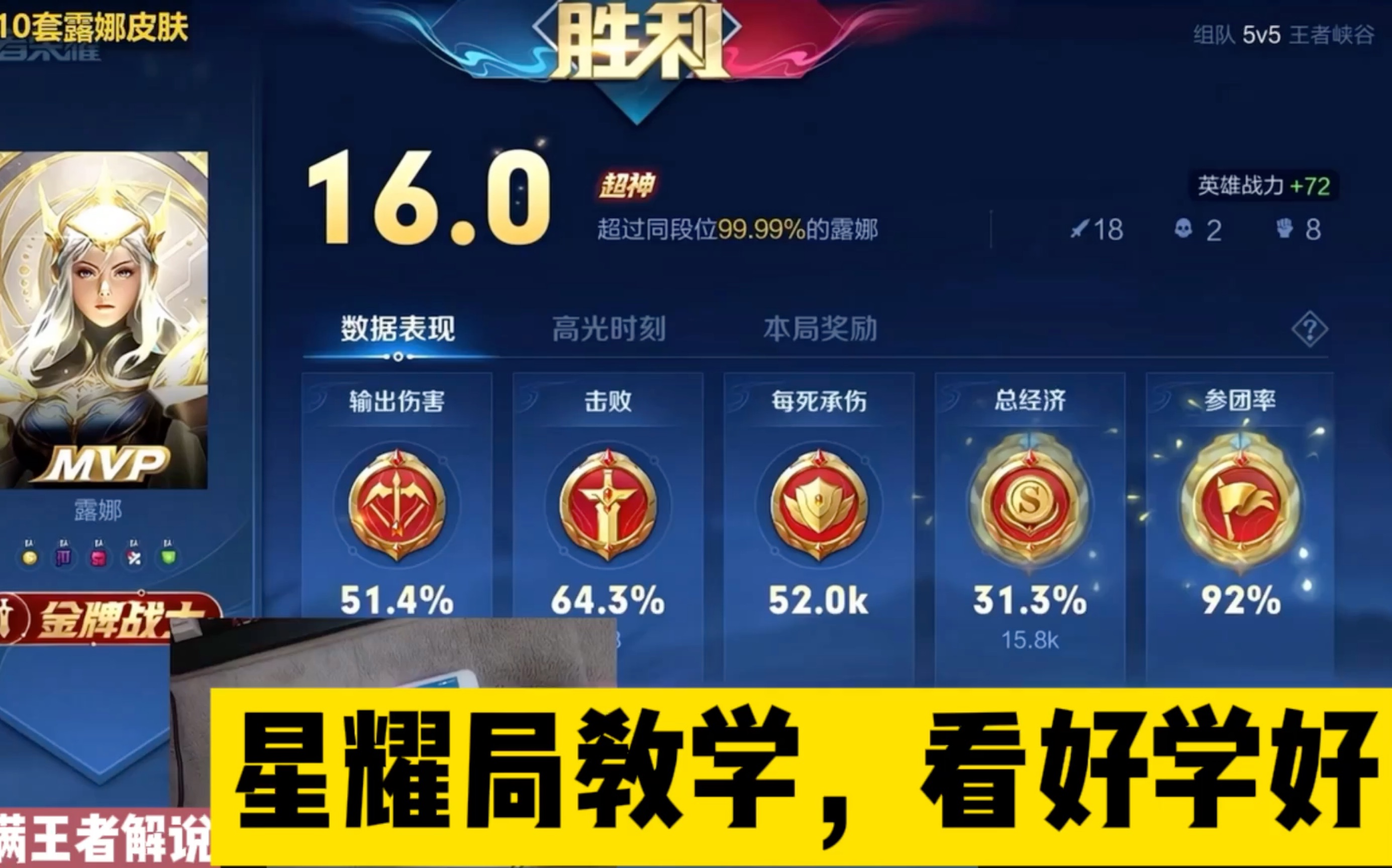 16.0评分露娜北慕是怎么打出来的?看好学好,你也可以做到!