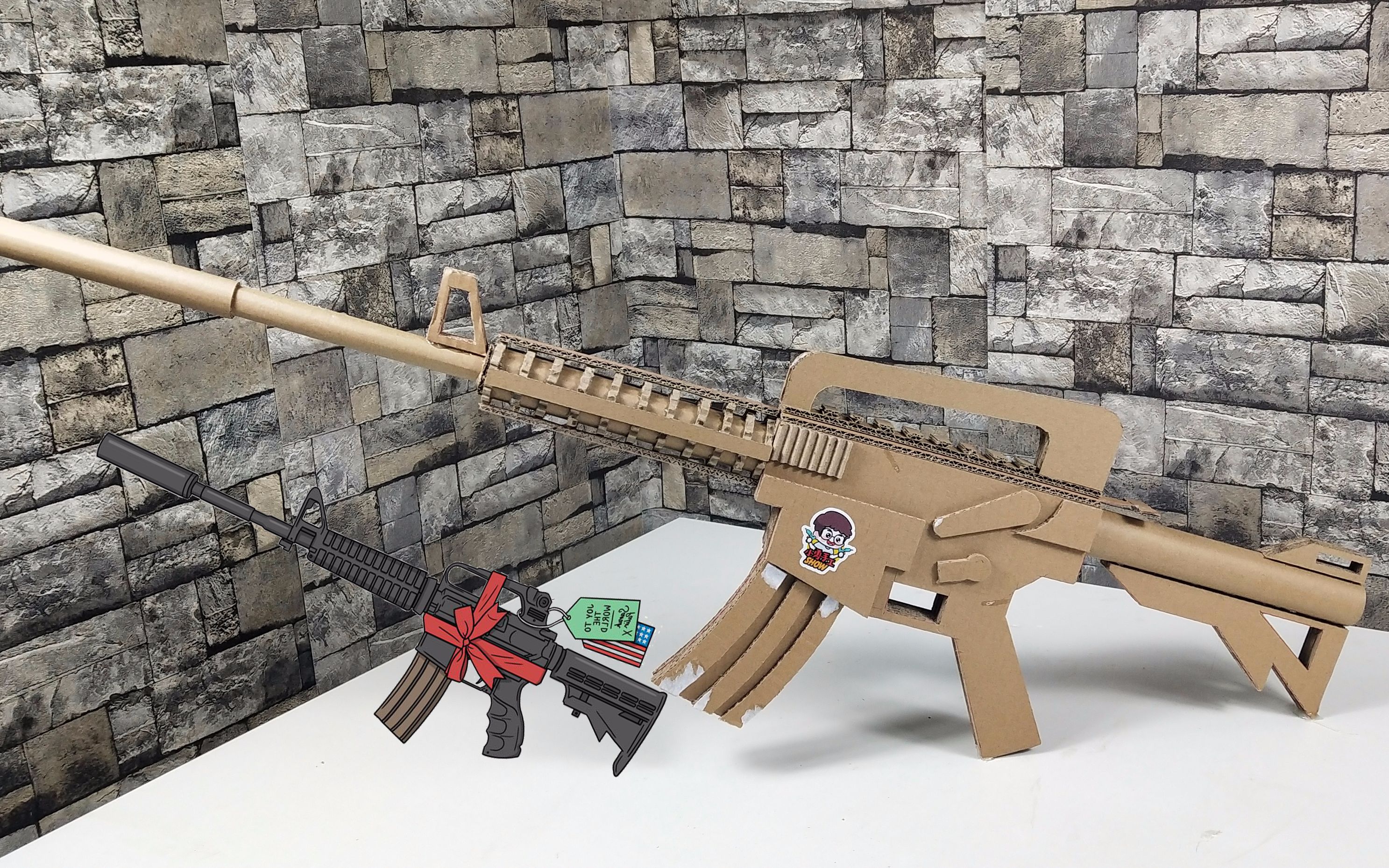 废纸板制作刺激战场m4a1玩具枪模型,相似度很高,为手工达人点赞_哔哩