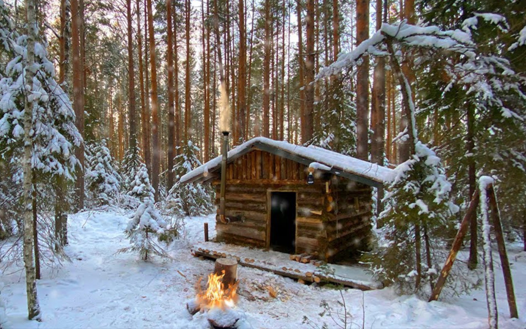 冬季野外小木屋生存图片