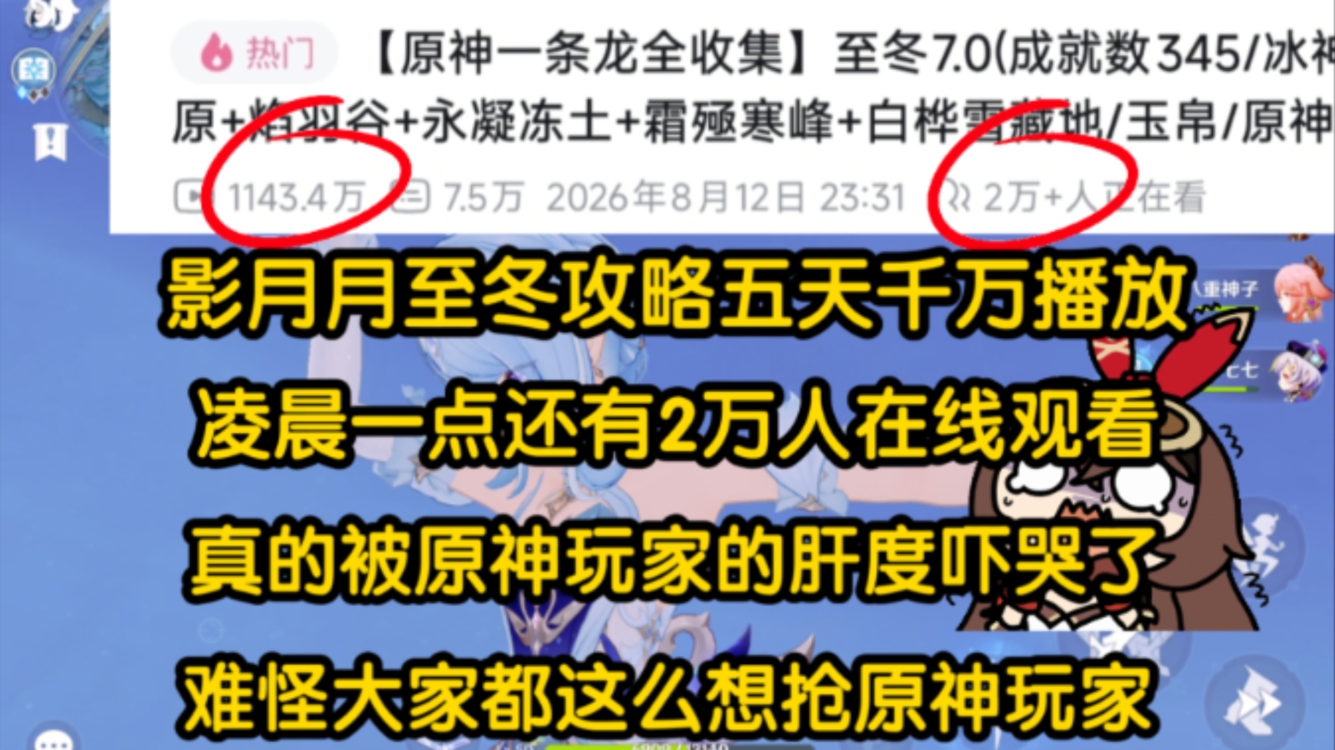 至冬攻略五天千万播放，真的被原神玩家的肝度吓哭了！难怪厂家都这么想抢原神玩家