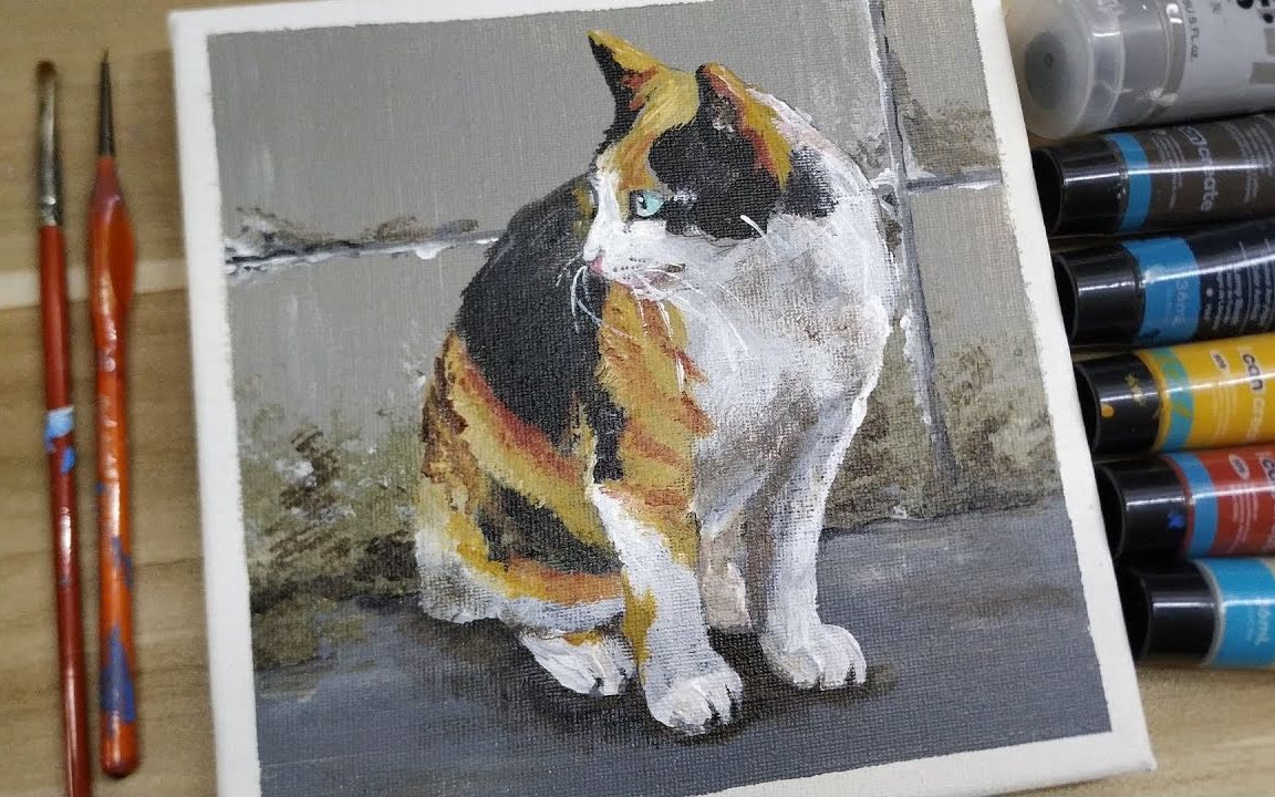 【丙烯画】【绘画教程】玳瑁猫-a calico cat easy